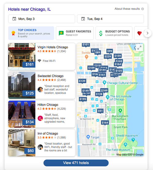 Google Chicago Hotels Interface
